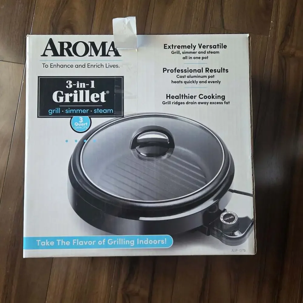 Aroma 3-in-1 Grillet Electric Grill Simmer Steam 3-Quart ASP-137B